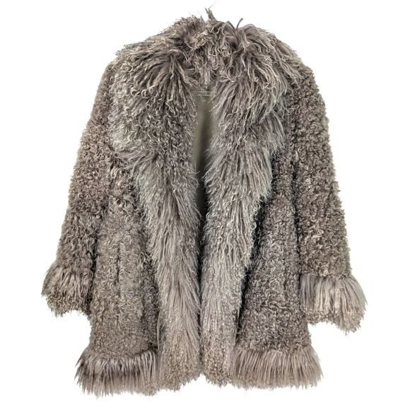 Vintage Chloe Tibetan Mongolian Lamb Coat Reversible Gray Taupe Tie Front SEE - Picture 1 of 12